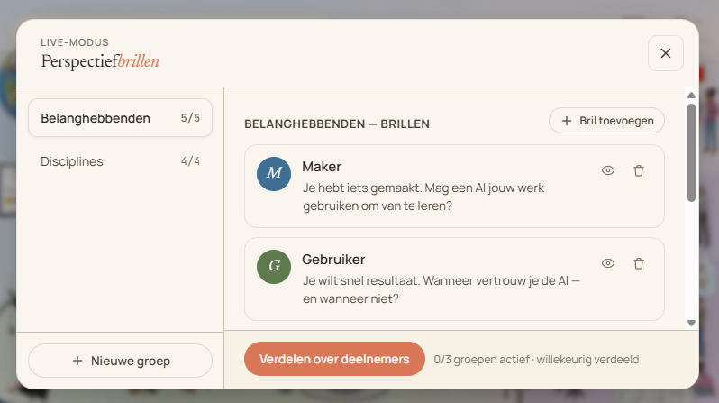 Venster Perspectiefbrillen met de brilgroepen en de knop Verdelen over deelnemers