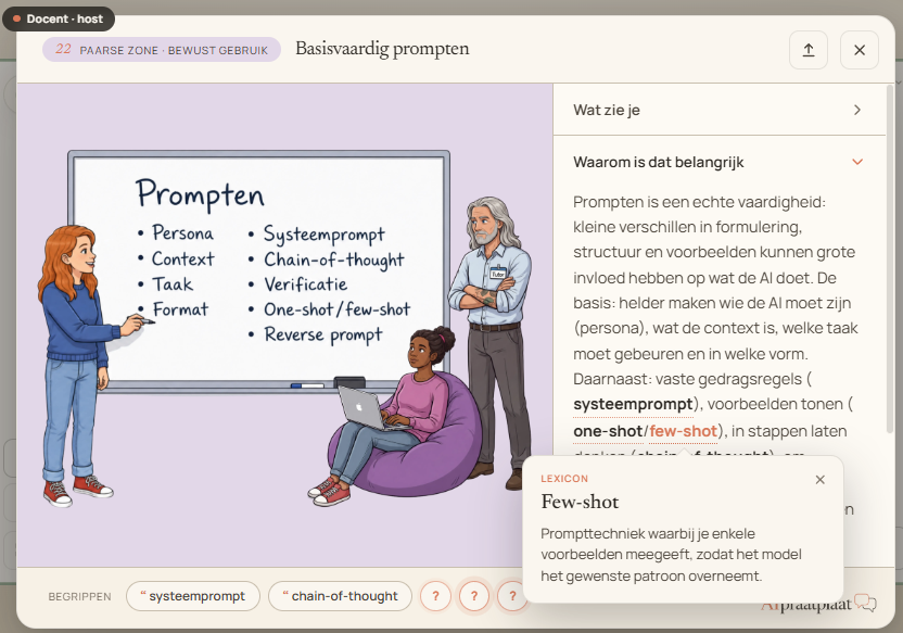 Geopende hotspot van scène 22 met uitklapmenu's, begrippen-chips en lexicon