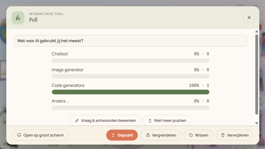 Pollvenster van de host met live resultaten en knoppen voor pushen, vergrendelen en wissen